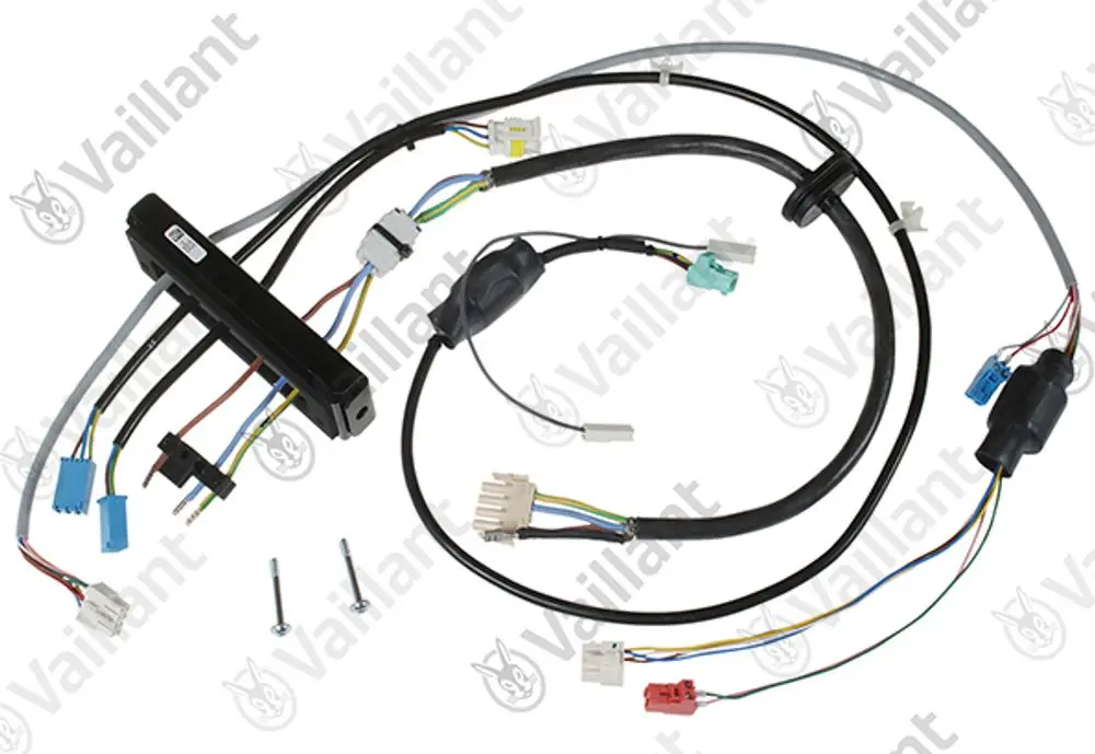 Vaillant Kabelbaum mit mehreren farbigen Kabeln und Steckverbindungen, geeignet für elektrische Anwendungen. Enthält Adapter und Verbindungselemente.